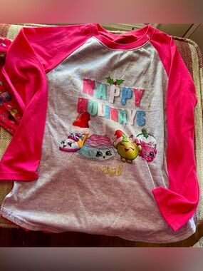 Shopkins Pink Sleeve Gray Holiday Raglan Pajama Set